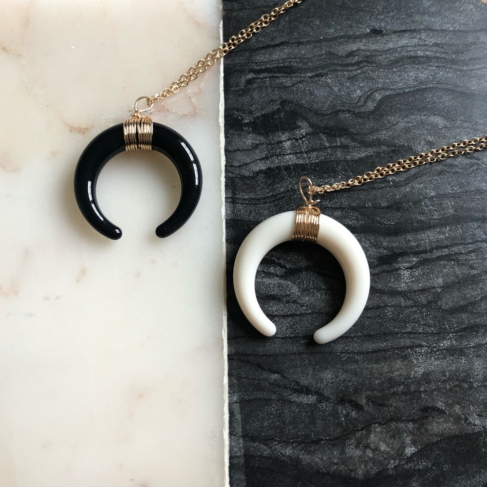 Simple Crescent Moon/Horn Necklace, Black or White